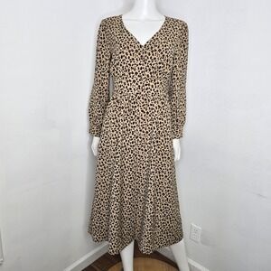 J Crew Button Front Leopard Print Dress Midi A-Line Pockets Long Sleeve Size 8